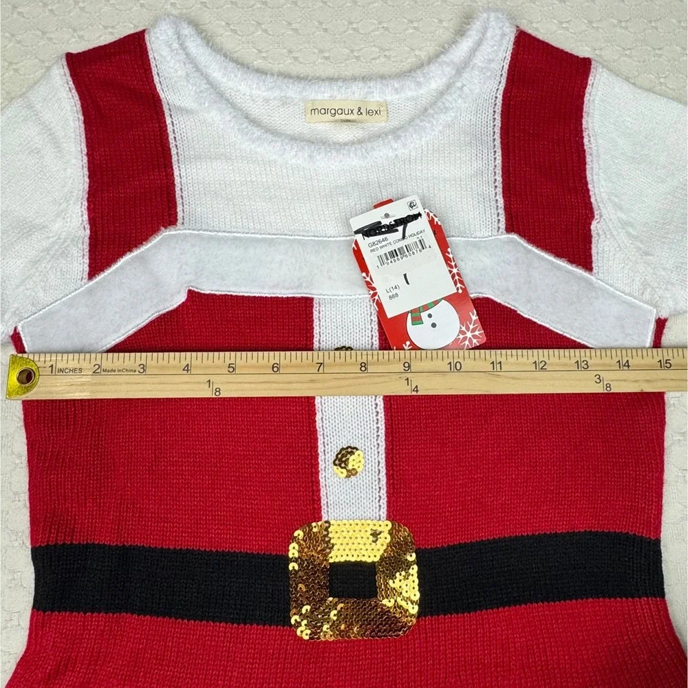 NEW Margaux Lexi Girl Red White Santa‎ Dress Knit Sequins Belt Sz L 14 Holiday